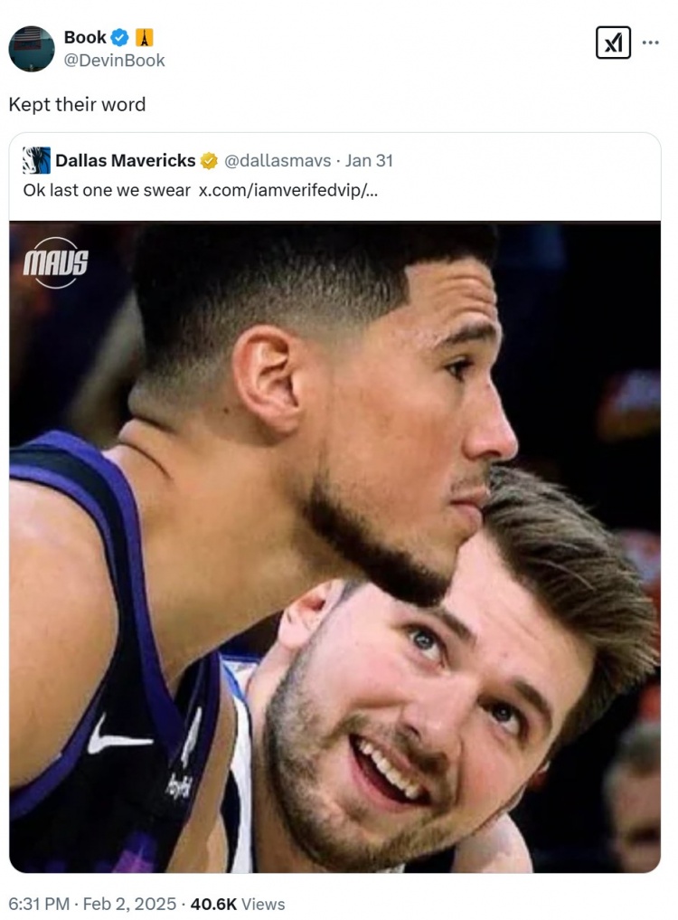  独行侠官方昨天说最后一次用东契奇凝望照！布克回怼：挺遵守诺言