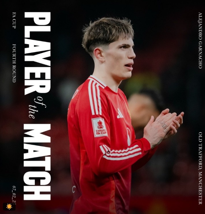  替补登场表现活跃，曼联官方：加纳乔当选本轮足总杯队内最佳球员